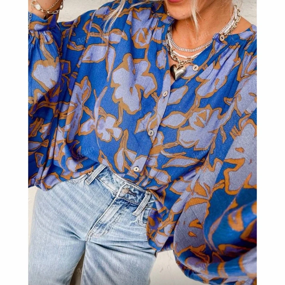 Royal Blue Floral Button Down Back Pleated Oversized Blouse! - Picture 4 of 4